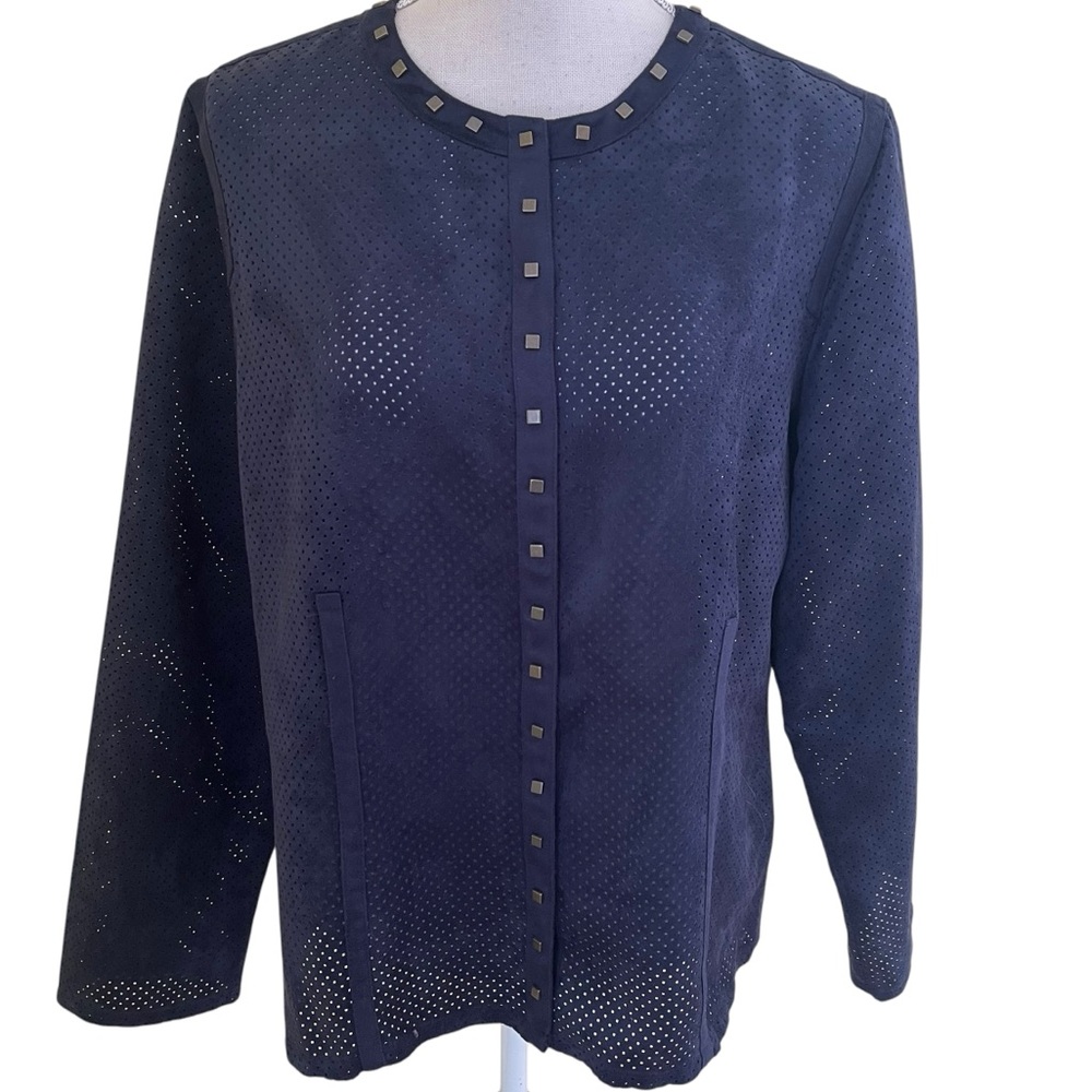 Chico's Navy Perforated Suede Jacket with Stud Trim